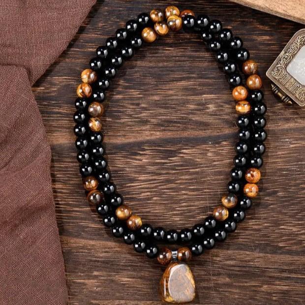 Obsidian necklace, lucky natural stone triple-guardian necklace, green Dongling tiger eye stone necklace