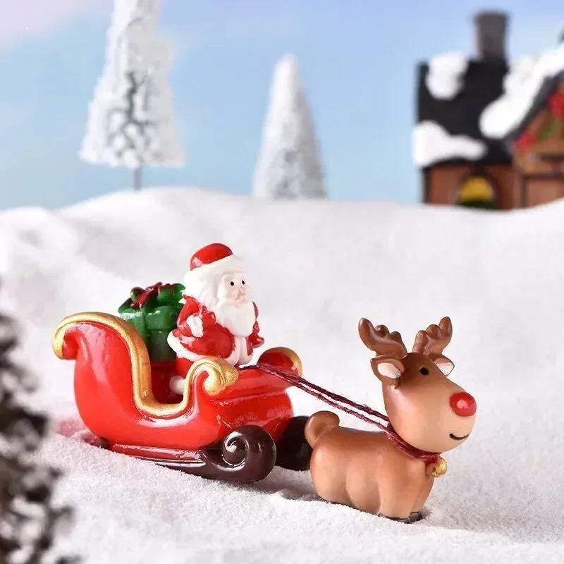 3pcs Christmas Party Home Decor Supplies Elk Snowman Sleigh Deer Car Micro Landscape Snow Decoration Locomotive Car Resin Crafts