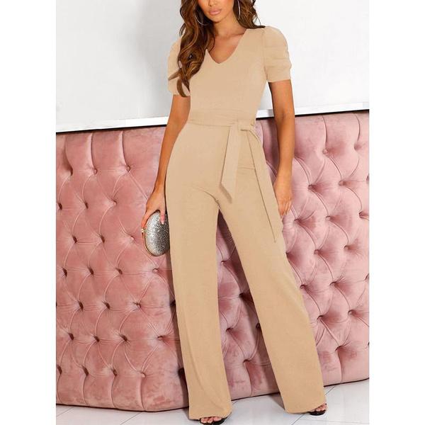 Women Short Sleeve V Neck High Waist Solid Color Jumpsuits Casual Wide Leg Belted Rompers