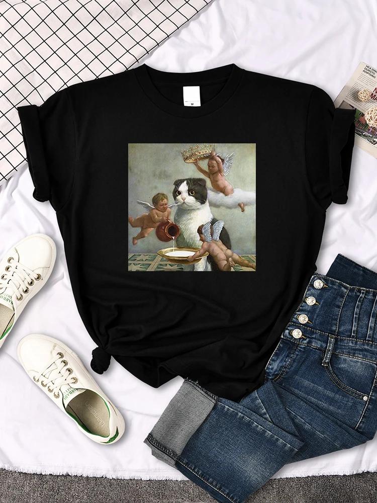 Mona Lisa T Shirts Funny Cat Lovely Cute Printed TShirt for WomenS Crewneck Gothic Women Tshirt Casual Female Tee Shirts
