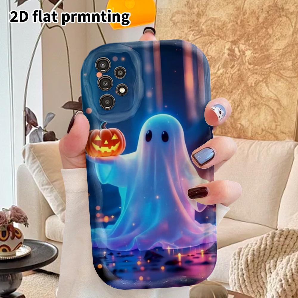 Phone Case: 2D Flat Samsung Galaxy A34 A35 M05 M06 S20 S22 S21 FE Plus 5G Protective Case, Couple Style, Blue Neon Little Ghost, Christmas and Hallowe