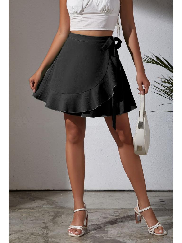 One Piece Lace Up Skirt High Waist Solid Color Ruffled Edge Short Skirt Cross-border Women's Clothing