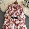 Новое осеннее модное женское платье с цветочным принтом, однобортное однобортное трапециевидное платье с отложным воротником и длинными рукавами, винтажные вечерние платья миди