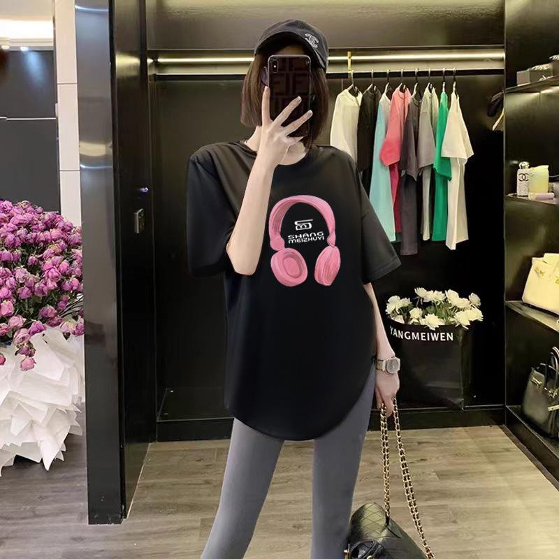 Summer New Niche Black Mid-length Curved T-shirt Women's Loose Top Cartoon Printed Short-sleeved Early Spring