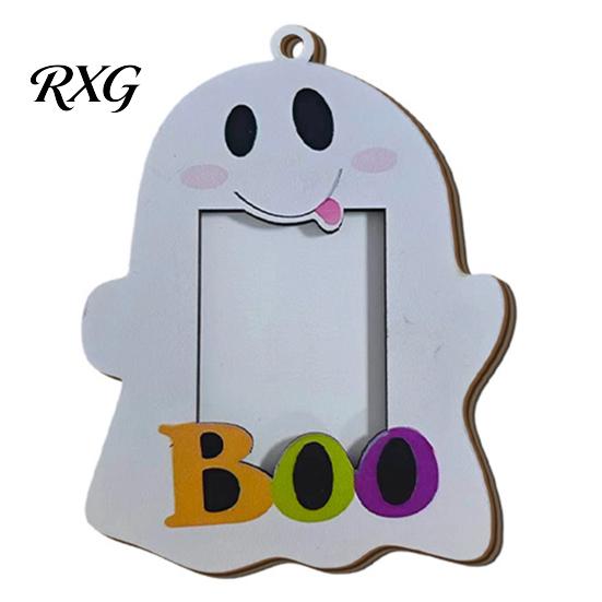 Solid Wood Photo Ornament Halloween Cute Ghost Wooden Frame with Hanging Rope, Creative Family Display Picture for Holiday Party Decor And Home