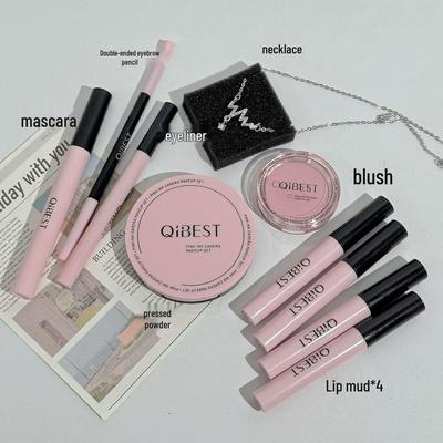 Набор для макияжа Blackpink: Грязь для губ, Тушь, Подводка для глаз, Двусторонний карандаш для бровей, Пудра, Румяна, Ожерелье