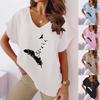2023 Летняя женская футболка с V-образным вырезом, рукавами «летучая мышь» и принтом перьев