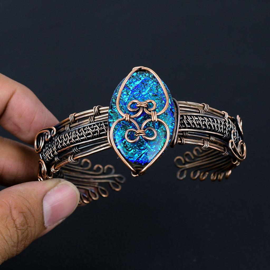 Синий австралийский тройной опал, драгоценный камень, чистая медная проволока, обернутая вручную, манжета/браслет, ювелирные изделия