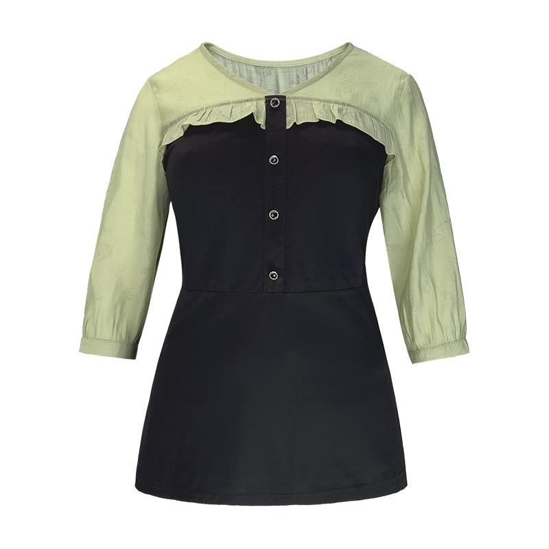 Модный женский топ для мам больших размеров на весну и лето с короткими рукавами в стиле пэчворк, рубашка с V-образным вырезом