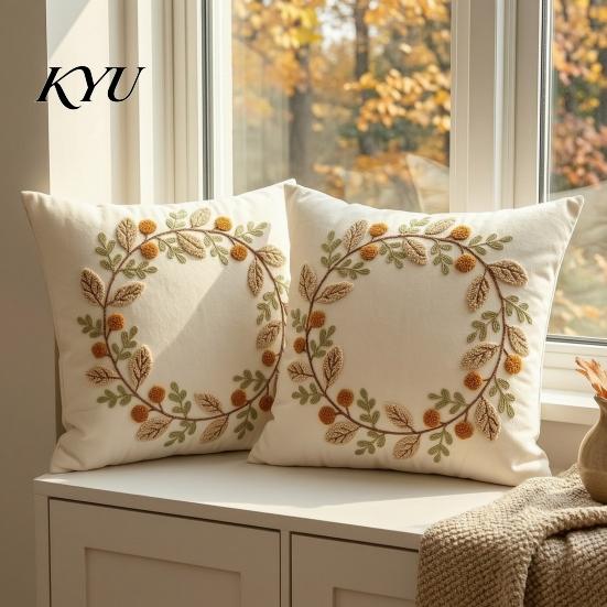 Pumpkin Harvest Home Decor Autumn Wreath Cushion Cover, Thanksgiving Throw Pillow Leaf Embroidery Soft Cases Case for Sofa Couch Farmhouse Decor,