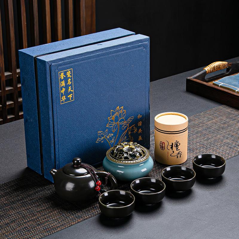 Guochao Ceramic Tea Set, One Pot, Two Cups and Four Cups Travel Gift Box Set.