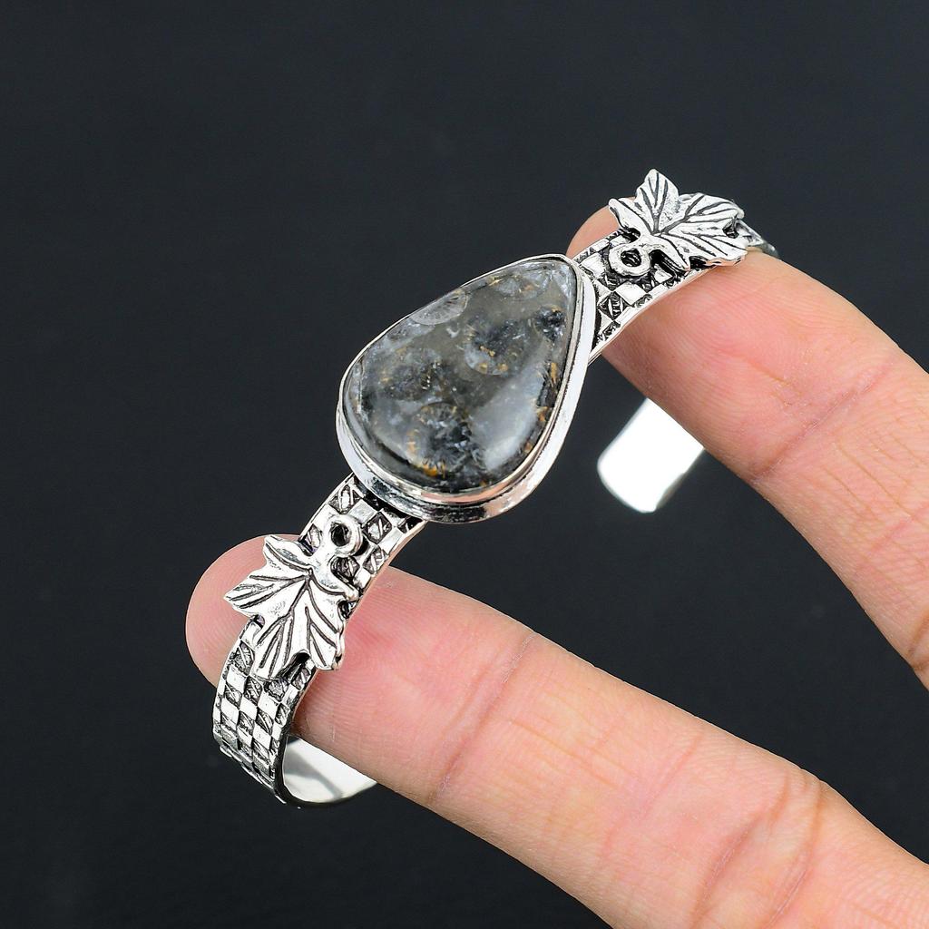 Daughters Day Sale 925 Sterling Silver Black Fossil Coral Stone Bangle Bracelet