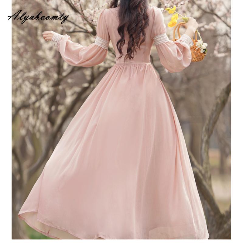 Весенне-осеннее женское сказочное розовое платье миди с v-образным вырезом, кружевное лоскутное платье с бантом и цветочным принтом, элегантное женское шифоновое платье трапециевидной формы