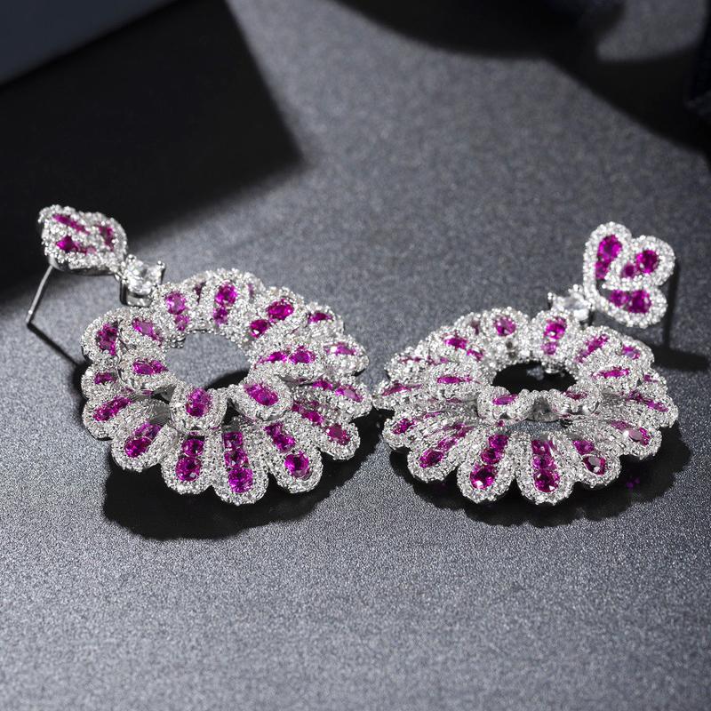 WWJ Gorgeous Geometric Flower Design Earrings Rose Red Cubic Zirconia Drop Earrings for Women