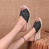 Large Size Summer New High-heeled Wedge Heel Thick-bottomed Denim One-word Rivets Fish Mouth Women's Slippers