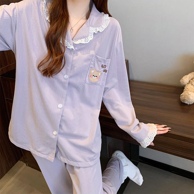 Весна и осень Женская милая кружевная пижама с длинными рукавами Комплект домашней одежды для девочек Милая студенческая свободная пижама Комплект домашней одежды