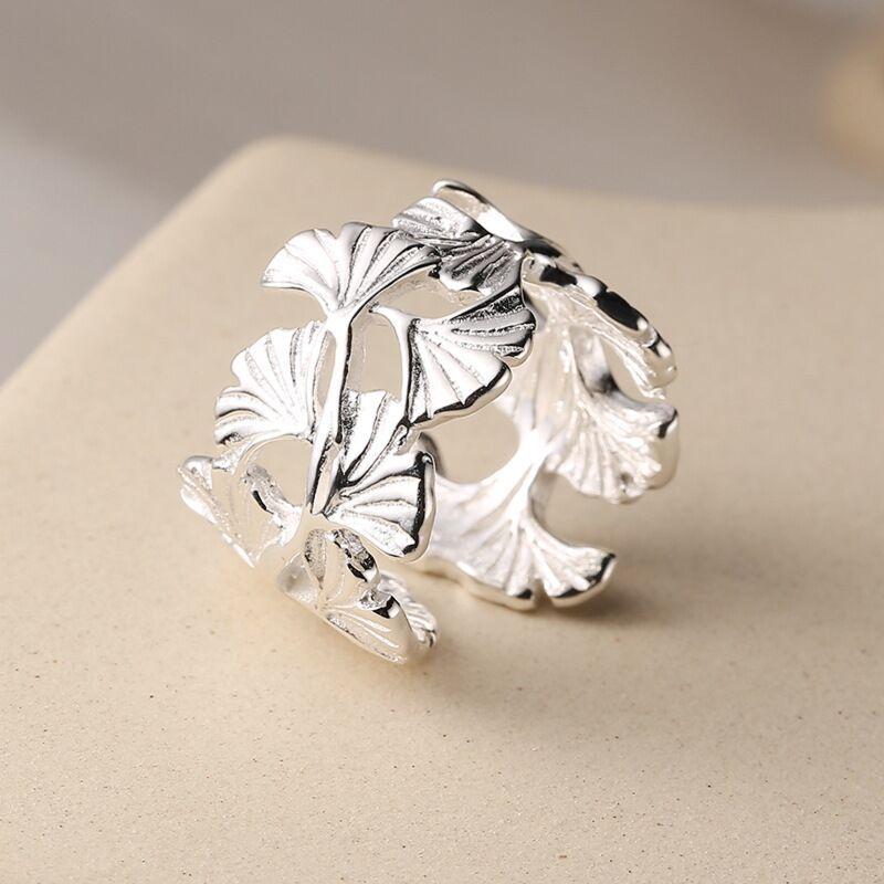 BF CLUB Silver Color Ginkgo biloba Rings For Women Counple Wedding Engagement Silver Women's Vintage Ring Fine Jewelry