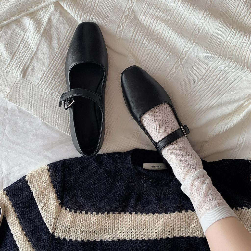 Cowhide Version~ Genuine Leather French Retro Mary Jane Shoes Women's Versatile One-word Buckle Shallow Mouth Flat Shoes Single Shoes Small Lea