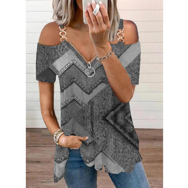 S-5XL женский топ с v-образным вырезом, полые футболки с принтом, повседневная футболка на молнии с короткими рукавами, летняя футболка