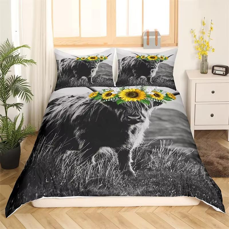 Kids Highland Cattle Flower Duvet Cover Set Farm Animal Bull Cow Comforter Cover Microfiber Western Cowboy Twin King Bedding Set