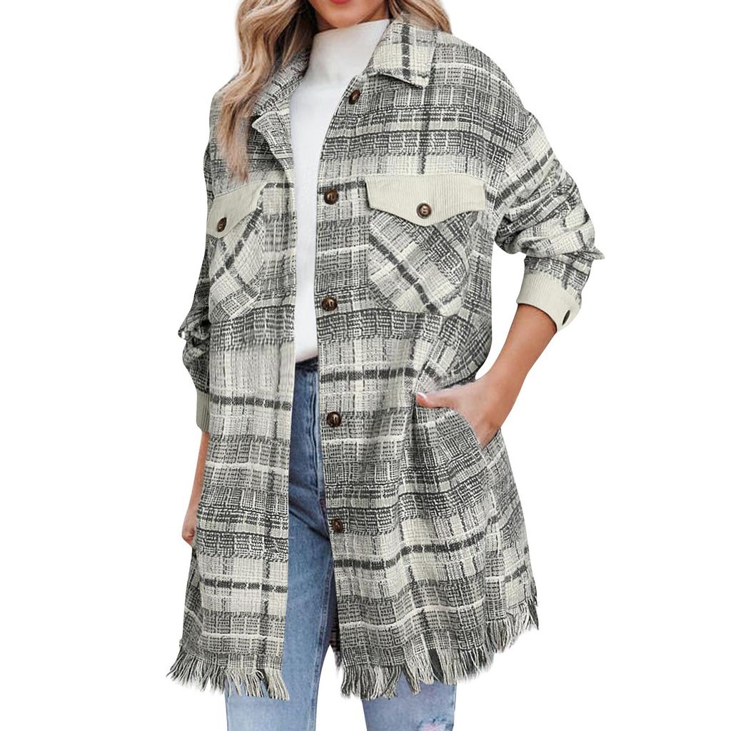 Women's Plaid Lapel Single-Breasted Long Sleeved Jacket Women's Coat