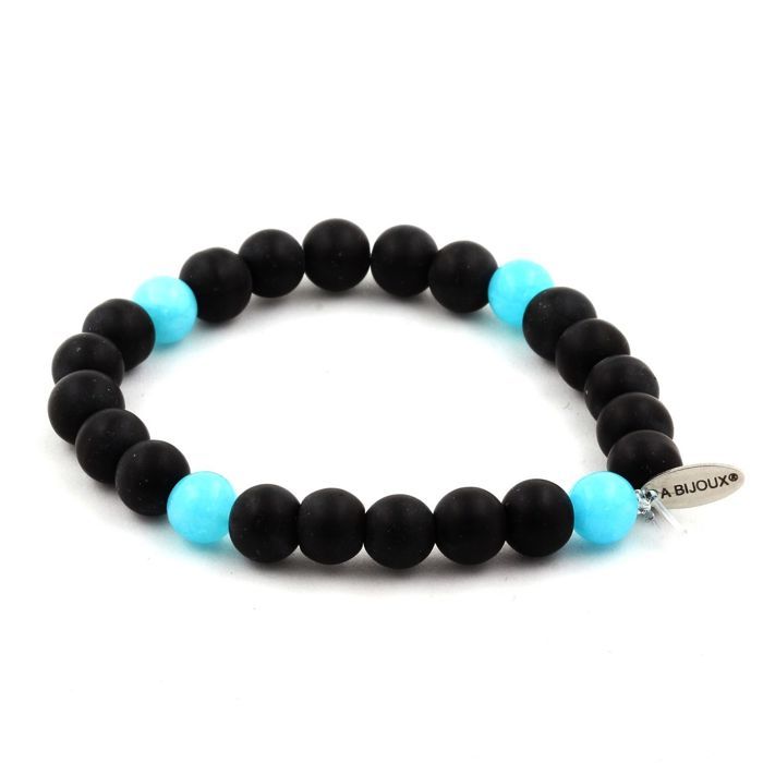 Stones and Minerals. Matte Black Onyx + 8mm Aquamarine Pearl Bracelet. Made In France.