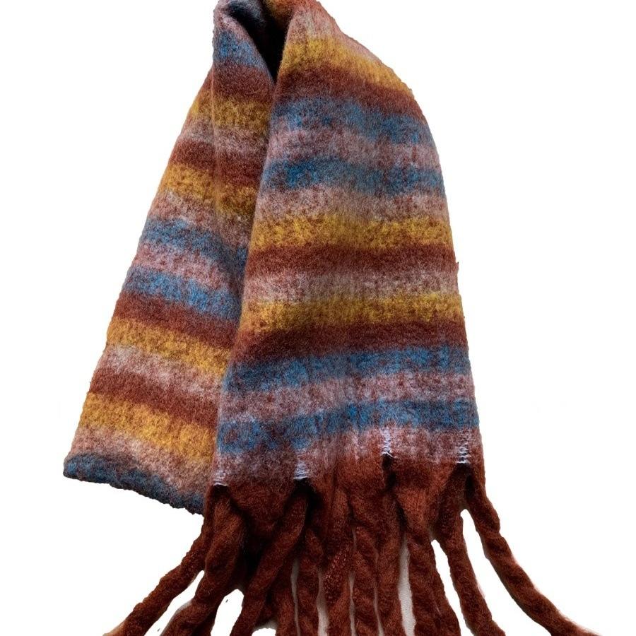 New Autumn And Winter Rainbow Mohair Plaid Scarf For Warmth, Versatility, Luxury, Elongated And Thickened Scarf, Shawl For Trendy Women