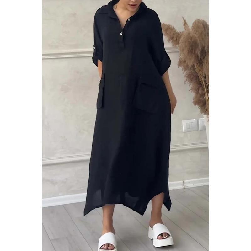 Весенне-осеннее женское платье больших размеров, однотонное, повседневное, длинные платья с карманами и лацканами