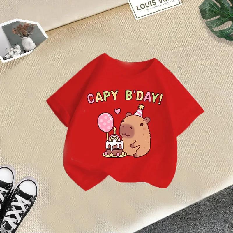 Summer Girls' Short-Sleeved T-shirt Children's round Neck Loose Fit Cute Stylish Capybara Print Casual Top for Kids Modal