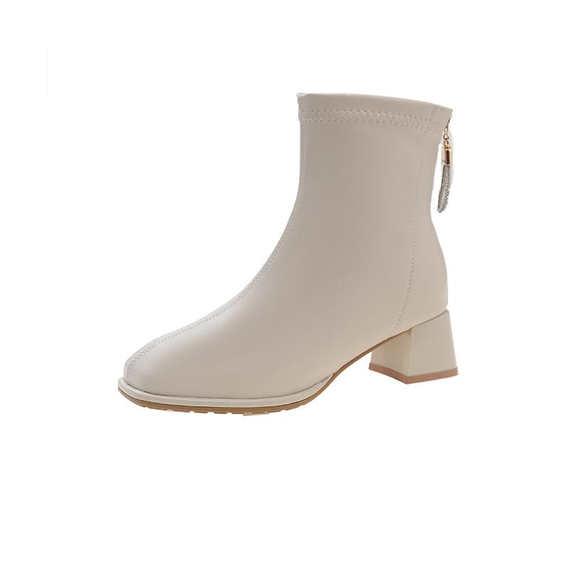 Короткие замшевые сапоги с квадратным носком, женские, осенне-зимние, эластичные, с толстым каблуком, на молнии сзади, ботильоны, модные, серые, черные, Botas De Mujer