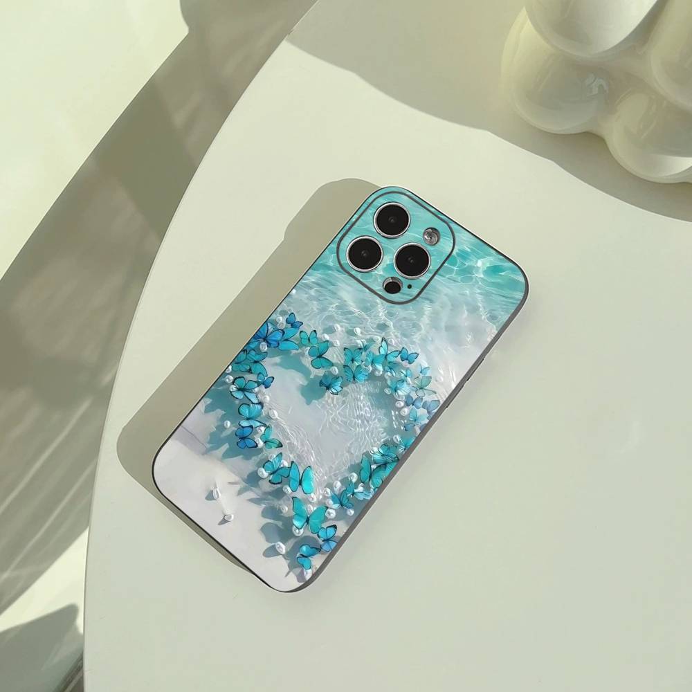 Синяя бабочка Волна океана Чехол для телефона Для iPhone 17,16,15,14,13,12,11 Pro Max,16/15/14Plus,XS Мягкий черный чехол