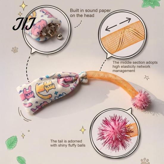 Safe Chewing Toys for Teething Kittens Mesh Tube Cat Toy, Crinkle Plush Pouch with Tinsel Pom Pom, Engagement Active Cats Interactive Stretchable Toy
