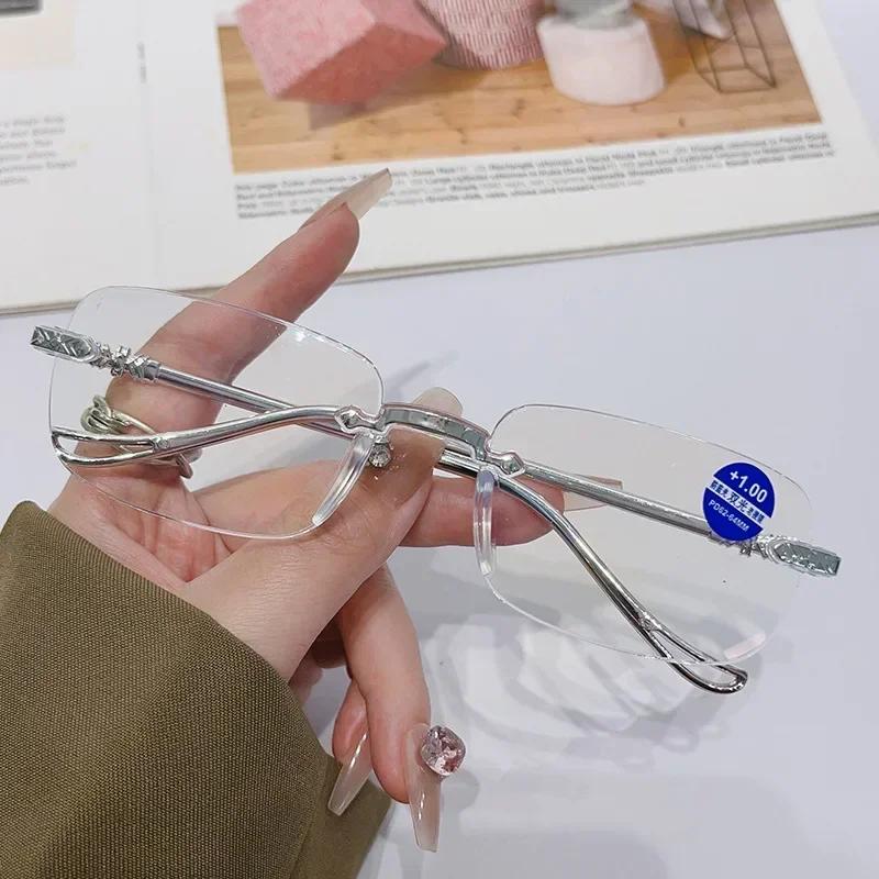 Роскошные брендовые очки для чтения без оправы с защитой от синего света для женщин и мужчин, квадратные очки с дальнозоркостью высокой четкости, диоптрии от +1,0 до +4,0