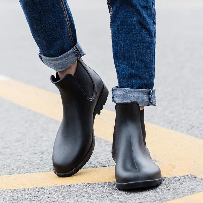 Fashion Men Rain Boots Fashion Chelsea Boots Man Black Casual Boots PVC Rubber Rain Shoes Waterproof Fishing Shoes Zapatillas De Hombre