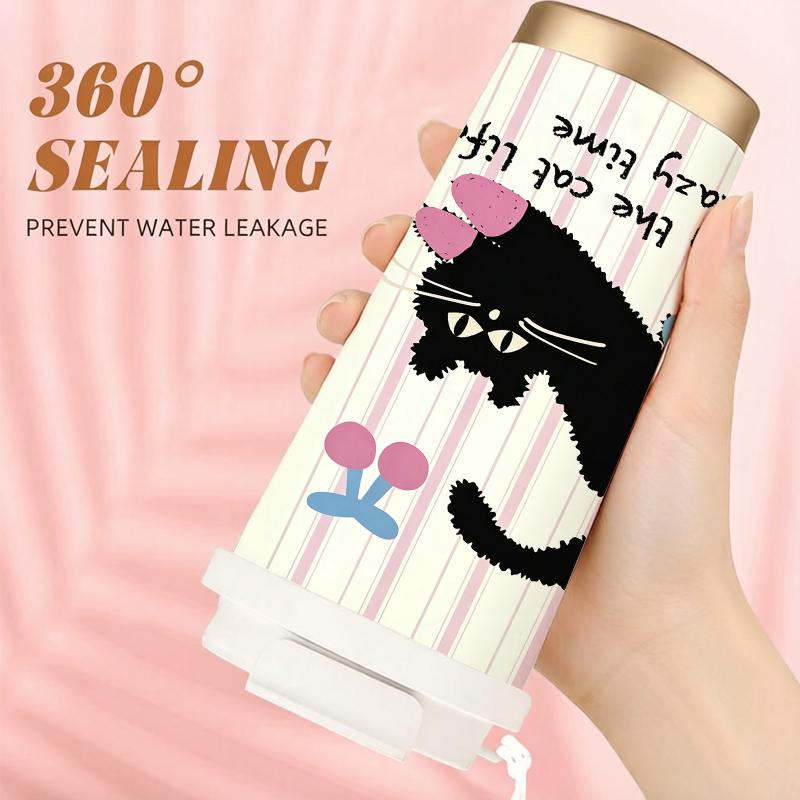 532ml Coffee Mug Black Cat Cherry Element Lanyard Insulated Cup Beach Cup Leakproof Coffee Cup Stainless Insulated Cup Car Cup