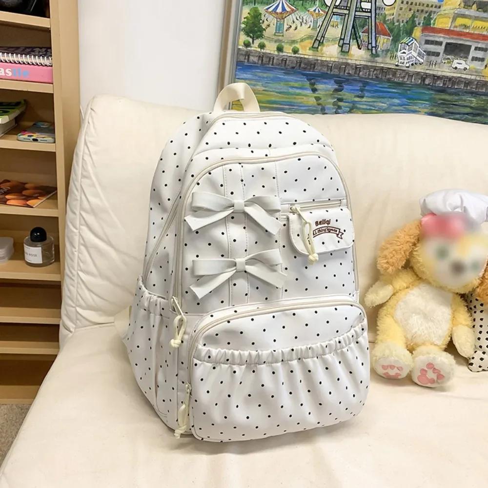 Новый рюкзак для девочек в горошек с бантом, большая вместимость, противоугонный, школьный, нейлоновый, с несколькими отделениями, для путешествий, для компьютера
