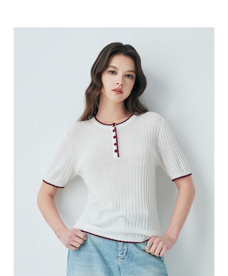 Containing mulberry silk, spring and summer new round neck fashionable contrasting short sleeved comfortable and versatile knitted T-shirt for women