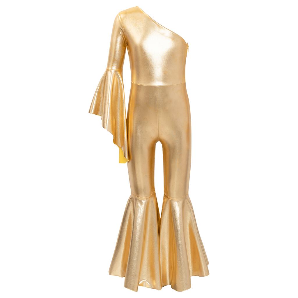 Kids Girls Romper Shiny Metallic One Shoulder Flare Sleeve Bodysuit Dance Jumpsuit Gymnastics Figure Skating Dance Wear