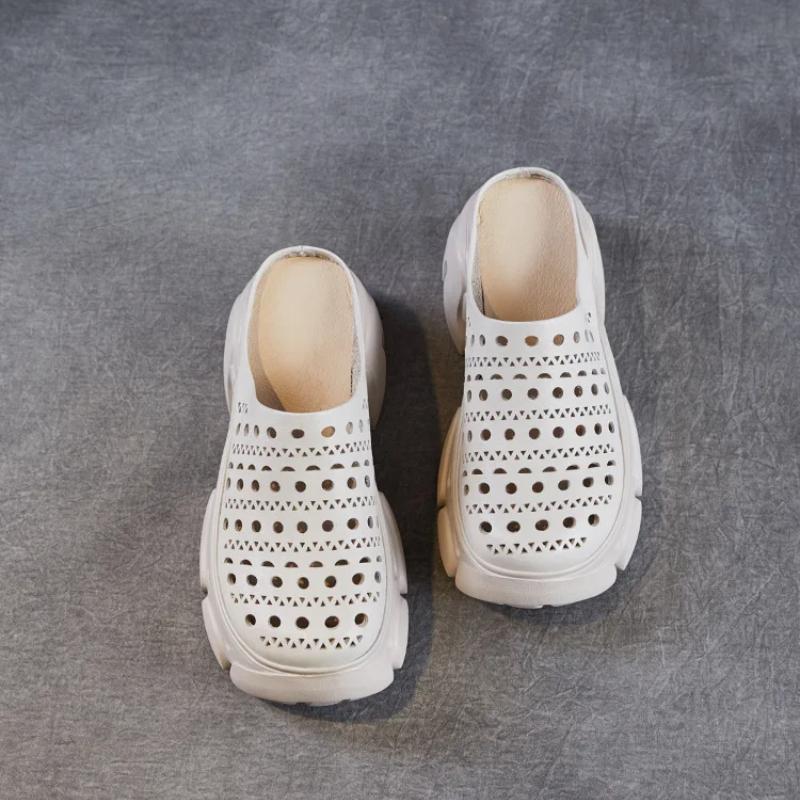 Johnature Genuine Leather Thick Soles Outdoor Slippers Vintage Hollow Out Breathable Women's Platform Shoes