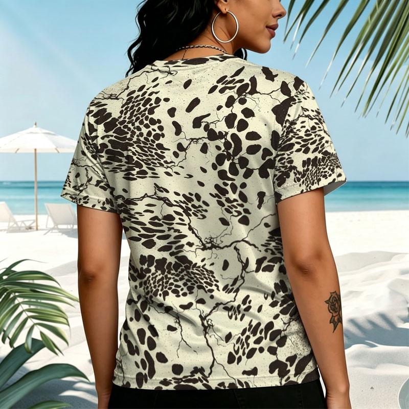 Women's Leopard Print Basic Short Sleeve Top, Relaxed Fit Soft Comfy Versatile Casual Top for Daily Outings, Vacation & Park Walks