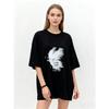 Oversized T Shirt Black Feather Print and ALBZYC Logo Casual Streetwear for Women