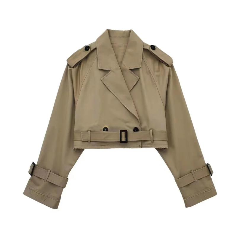 Vintage Belt Cropped Trench Jacket Women Long Sleeve Lapel Fashion Coat Autumn Winter Double Breasted Tops Female Streetwear