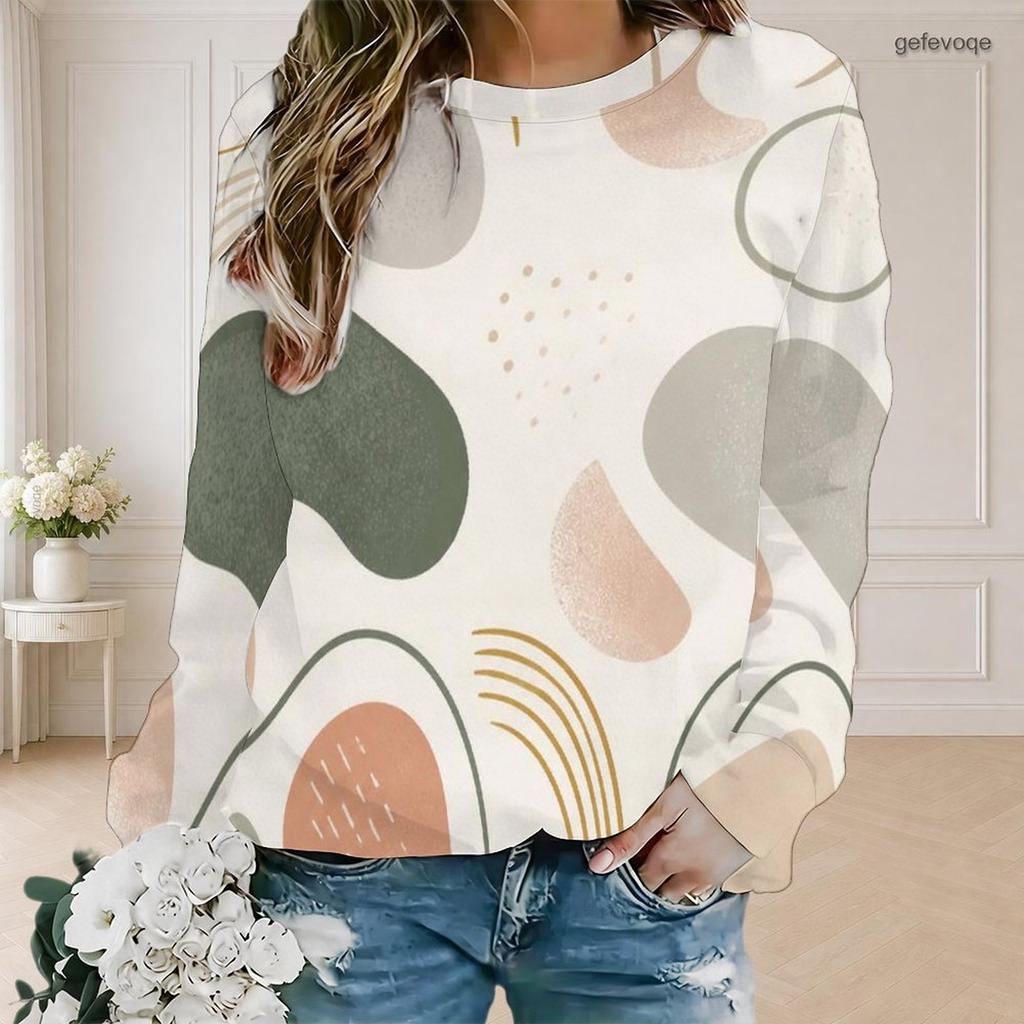 Women Plus Size Round Neck Long Sleeve Abstract Printed Casual Pullover Sweatshirt