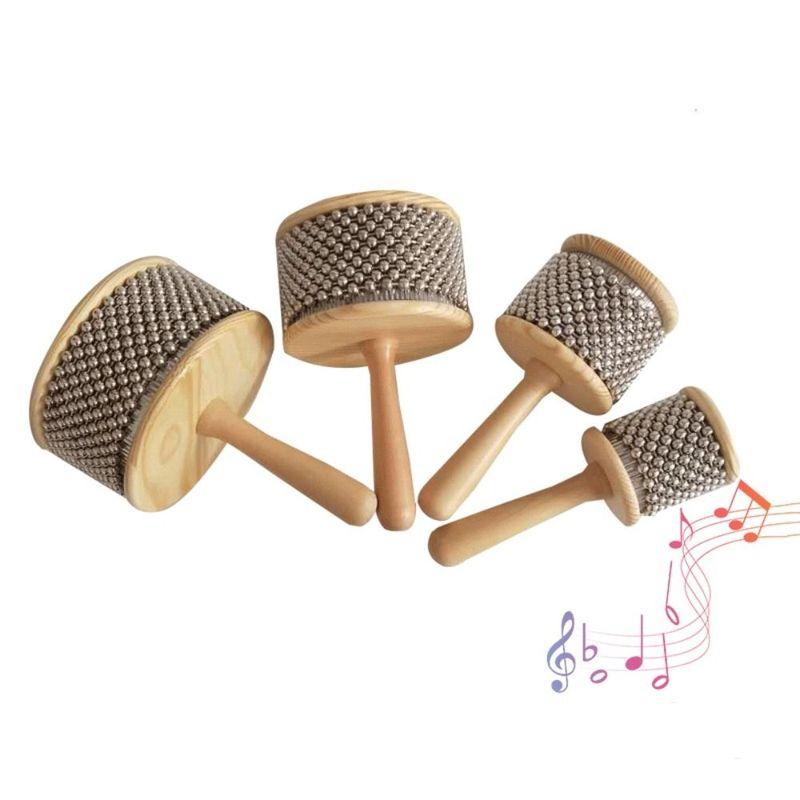 Stainless Steel Beads Wooden Cabasa Music Education Rhythmic Percussion Hand Cabasa Wooden Handle Cylinder Hand Crank Toy