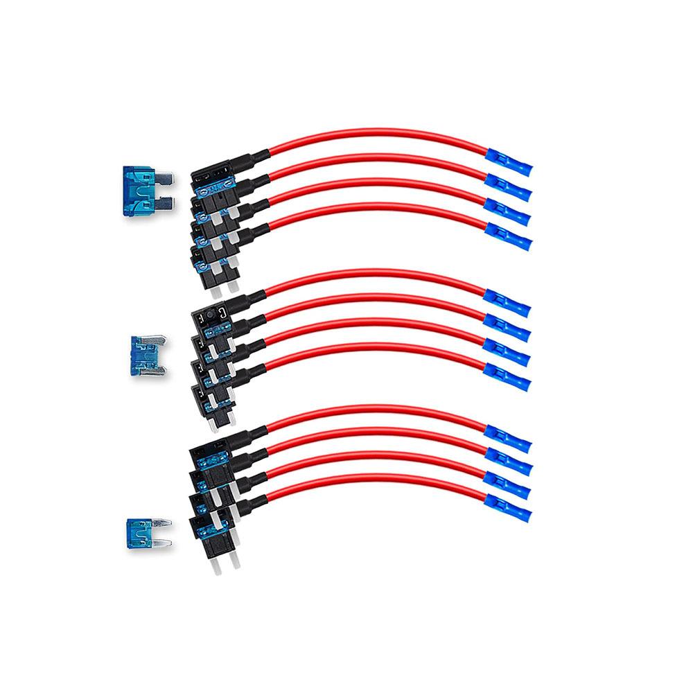 12Pcs 12V Zinc Alloy Add-A-Circuit Fuse Tap Mini/Standard/Low Profile Mini Preinstalled 15AMP Blade Fuse