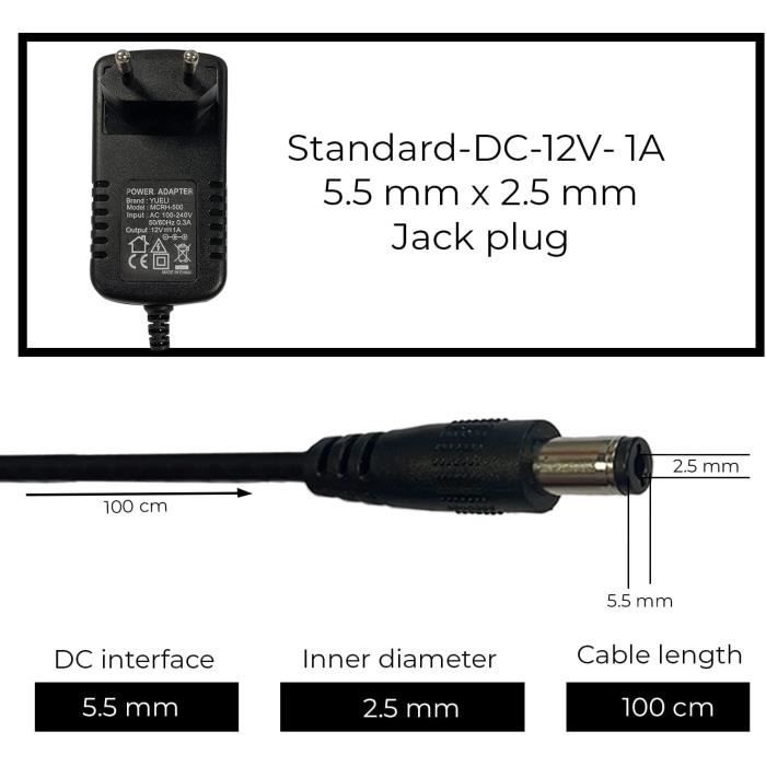 Leyf Alimentation Universelle 12V DC 1A , AC 100-240V 50/60Hz, Adaptateur, Alimentation Enfichable / Longueur de Câble 100cm