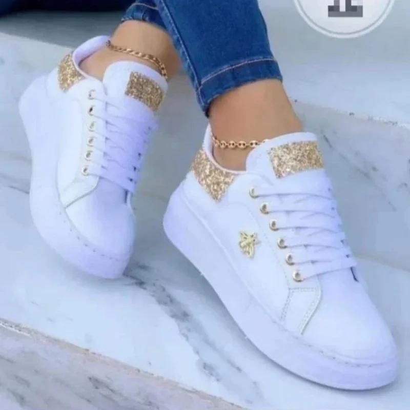 Женские кроссовки 2024 Мода Новая металлическая отделка Толстая подошва Tenis Feminino Уличные Повседневные На шнуровке Дизайнерские Кеды для скейтборда