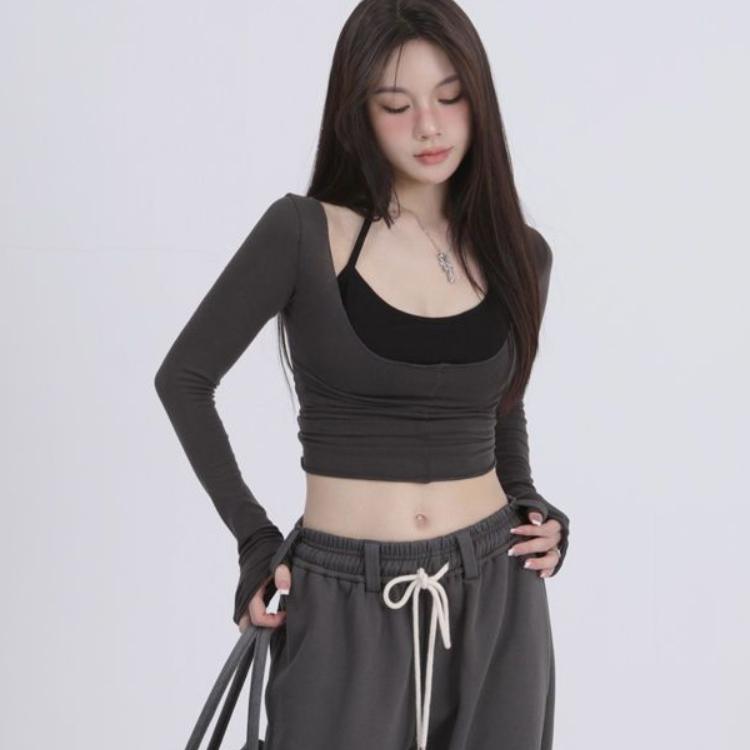 VAYLA Two Pieces Set Y2k Aesthetic Harajuku T-shirts Halter Long Sleeve Tee Shirts Femme All Match Spaghetti Stap Patchwork Top Women