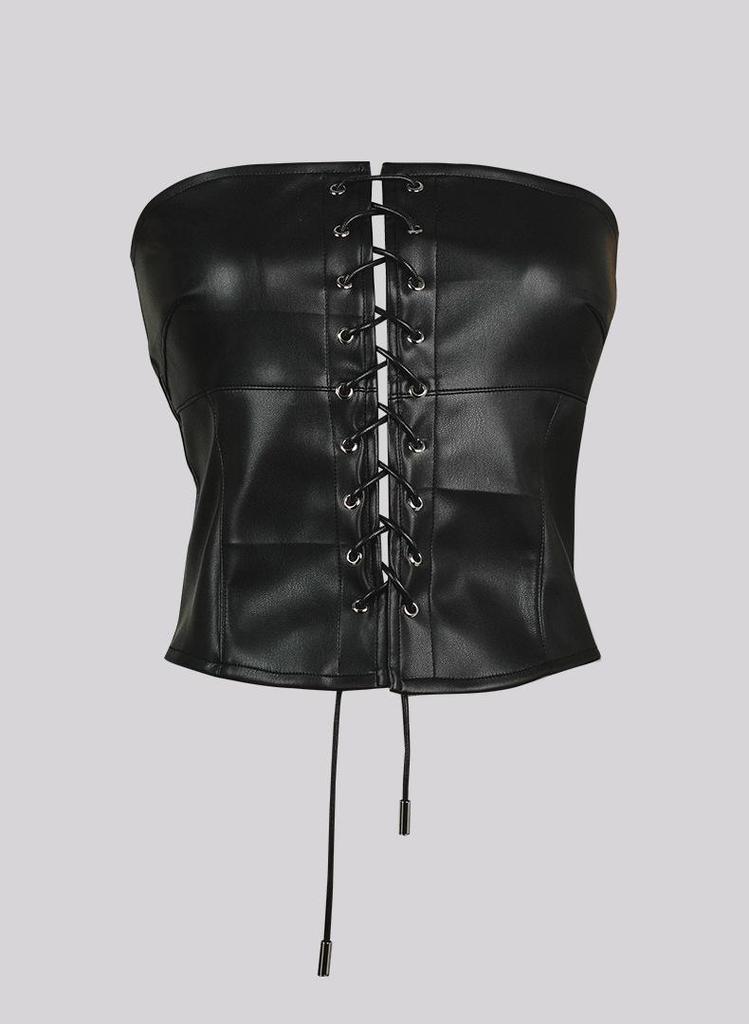 Европейский и американский ретро кроп-топ бандо на шнуровке из ПУ кожи для женщин - Сексуальный, Короткий, Облегающий, Красивая спина, Настраиваемый, Для улицы.