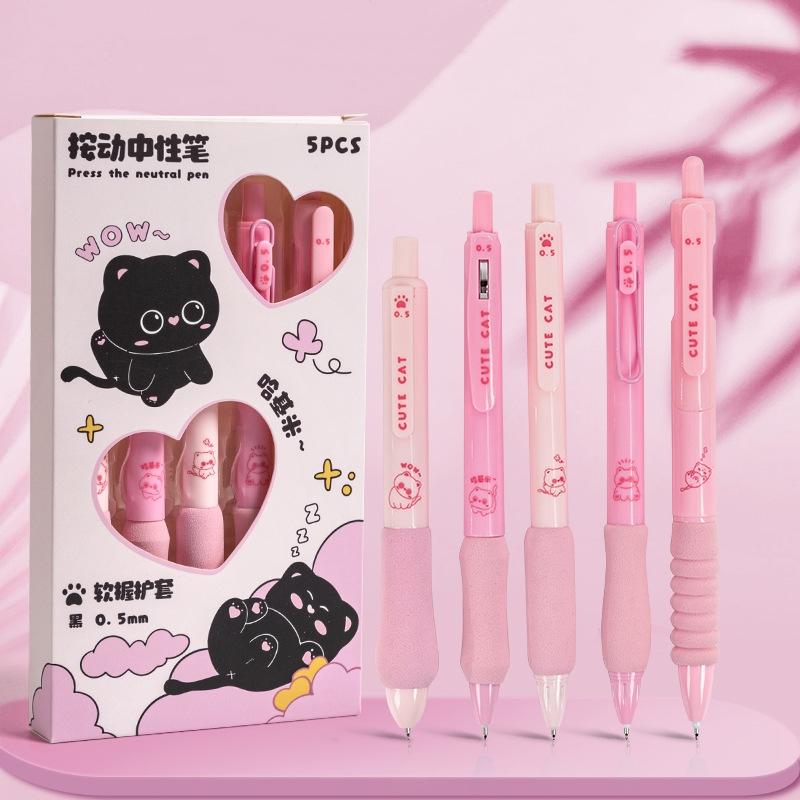 5 шт. милые мультяшные гелевые ручки набор пресс-дизайн мягкий захват 0,5 мм шариковая ручка черного цвета для письма